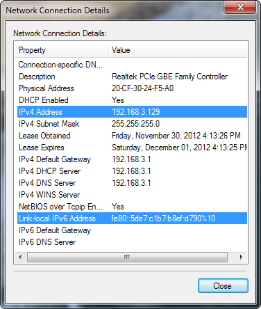 Windows 7 - Network Connection Details